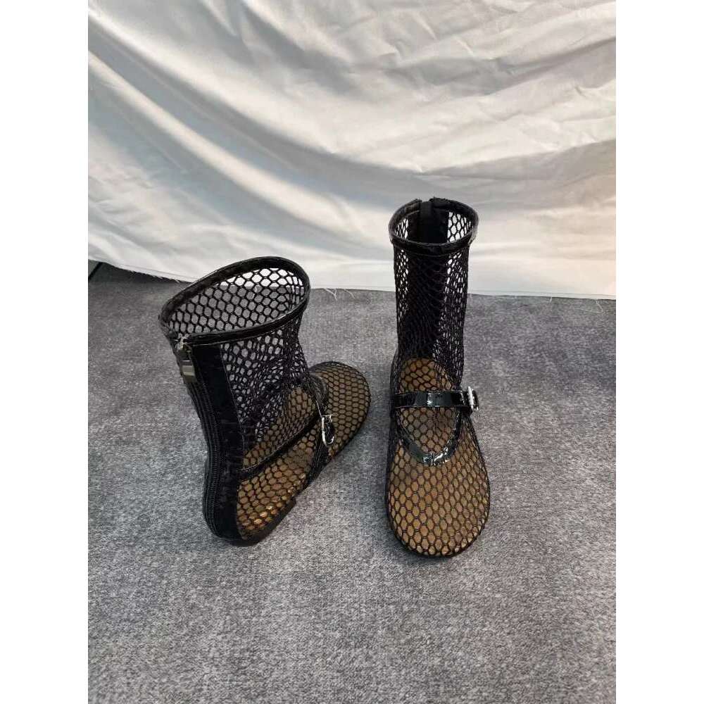 Breathable Hollow Sandals Women's Round Toe Zip Back Boots New Fashion Designer Flat Mesh Casual Shoes Women