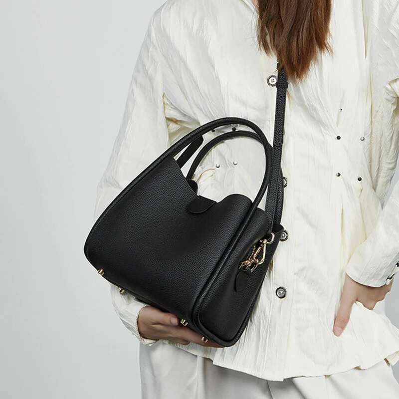Hifashion Cowhide Genuine Leather Bucket Shoulder Bags For Women Designer Crossbody Purses Work Tote Ladies Handbags Bag