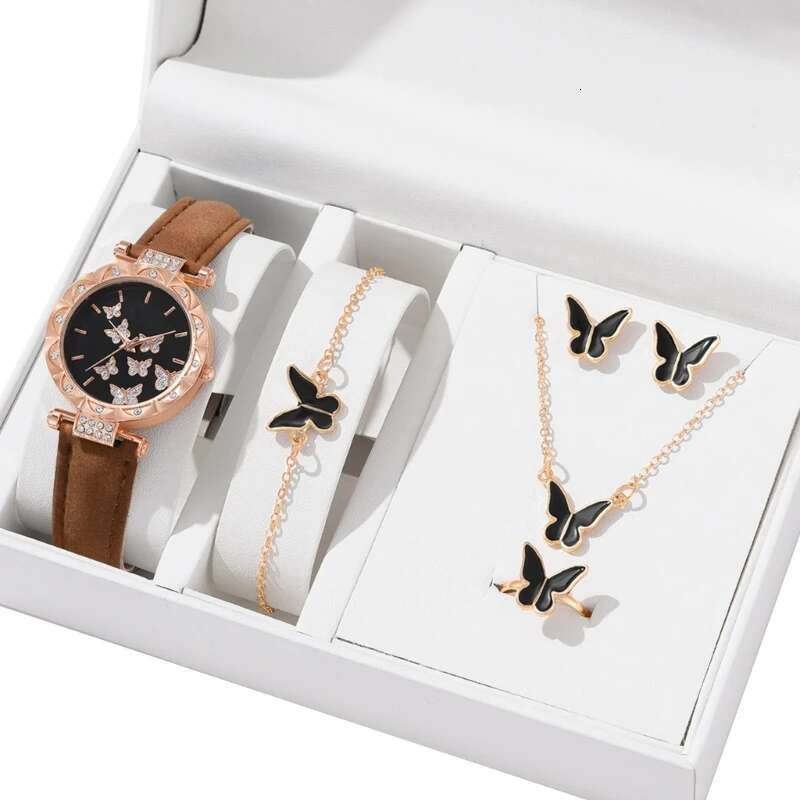 Butterfly Jewelry Set (Without Box)Women Watches Female Leather Watch Rings Necklace Earrings Bracelet Wedding Gift