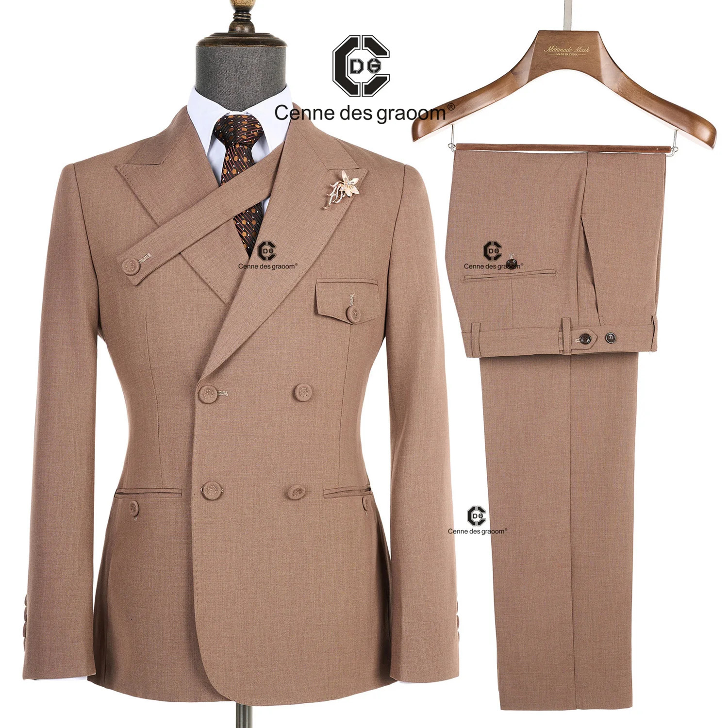 Cenne Des Graoom Elegant Brown Double Chest Mens Handmade Sewing Button Set High Quality Wedding Party 250428