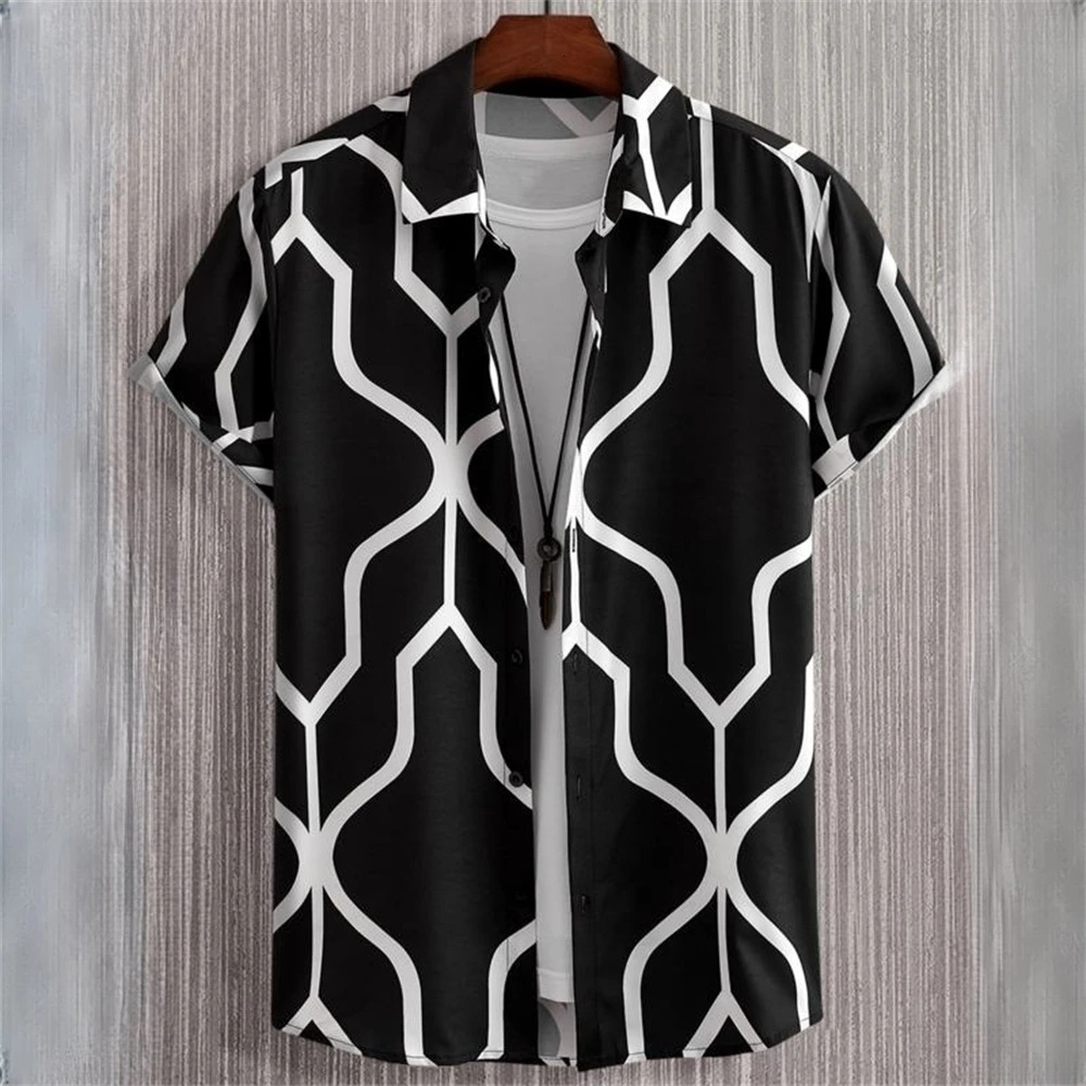 3D printed geometric mens shirt color block graphic fashion button short sleeved lapel Hawaiian summer mens shirt 250427