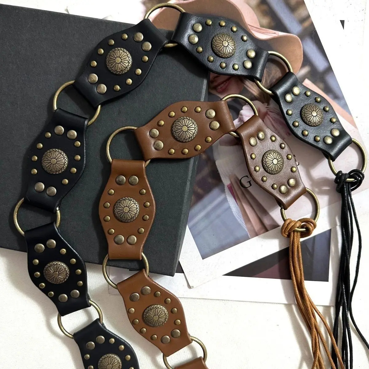 American Retro Black Rivet Metal Buckle Belt Womens Spliced Belt Millennial Spicy Girl Y2k Sense Strap Waist Rope 250430