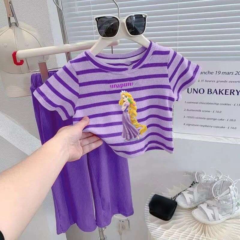 Baby Girl Striped Short Sleeved 2025 Summer New Cartoon Printed Western-Style Cool Wide Leg Pants Two-Piece Set For Children
