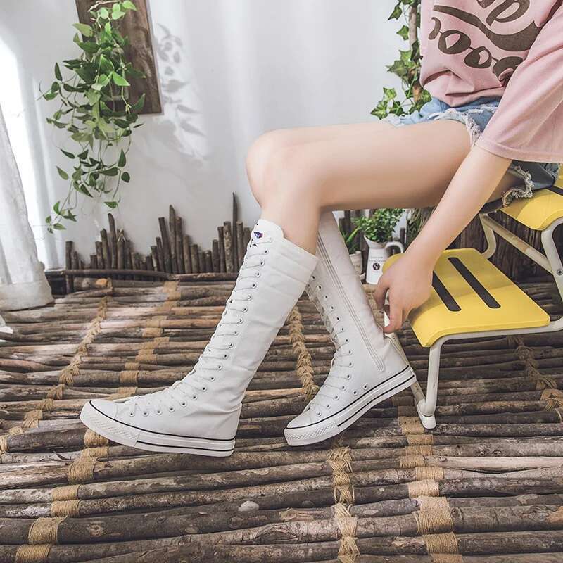 Spring and Autumn New Round Toe Heightening Casual Lace-up Soft Sole High-top Flat Daily Large Size Canvas Women's Shoes