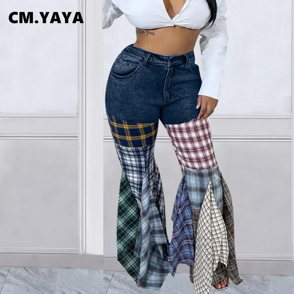 CM.YAYA Womens Colored Plain Patchwork Zipper Fly Flare Jeans Retro INS Fashion Street Clothing Wide Leg Denim Trouers Pants 250423