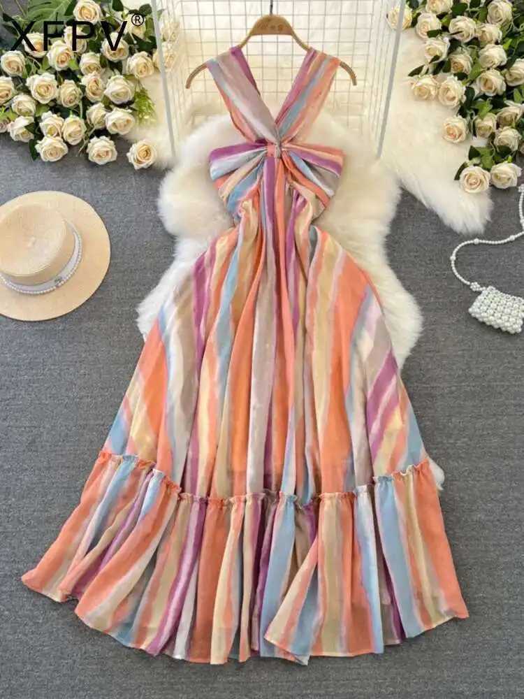 XPPV 2025 Summer New Fashion Strap Tie Dyeing Sleeveless High Waist A-line Swinging Loose Long Dress for Women SM1153 W250430