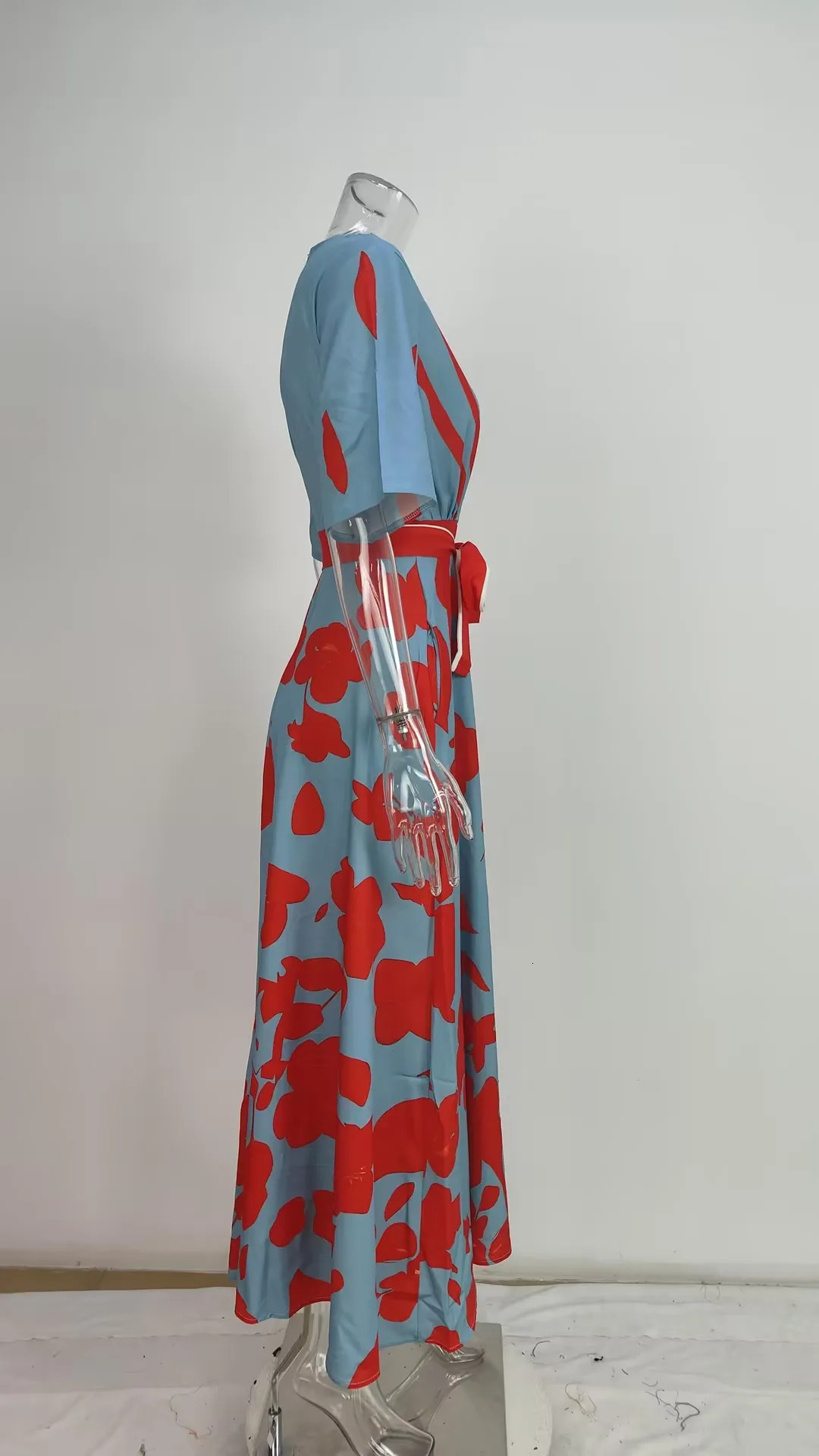 Womens Spring Summer V Neck Belted Long Dress Boho Maxi with Short Sleeves And Pocket Sexy Print Fashion Holiday Party Dress 250428