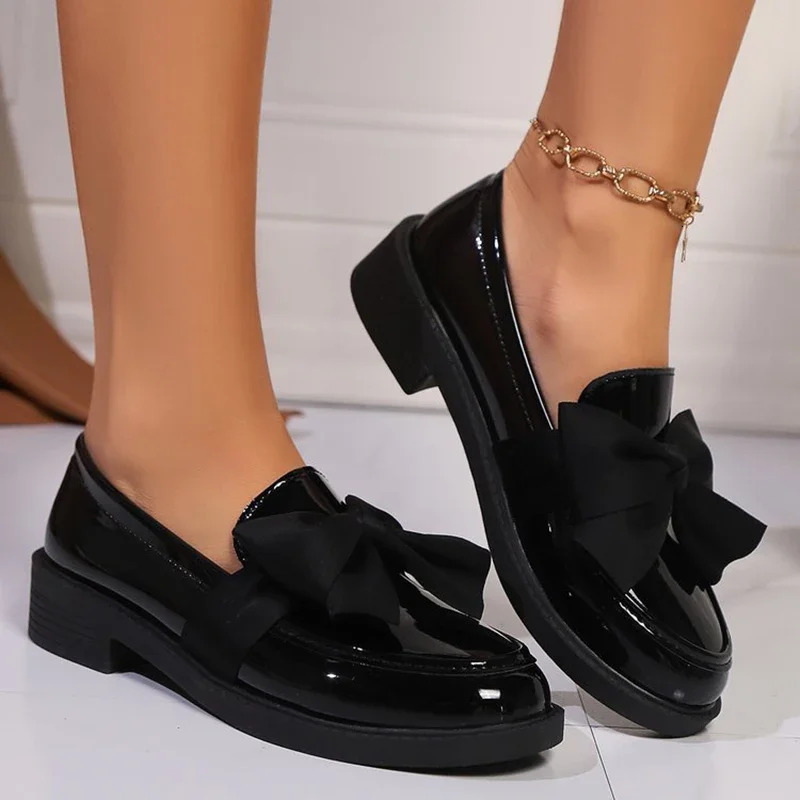 Fashion Bowknot Slip On Loafers for Women 2025 Summer Solid Color Patent Leather Shoes Woman Comfort Soft Sole Platform Loafers 250421