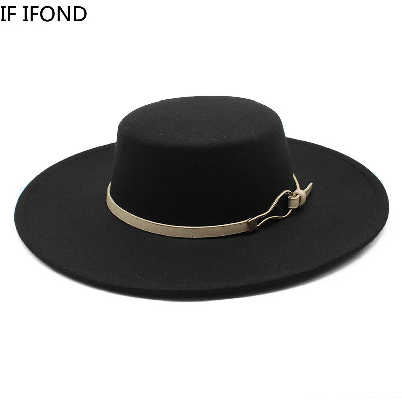 Solid Color Wool Felt Fedoras Jazz Cap Winter Warm 10CM Wide Brim Flat Top Hats British Style Church Hats 250430