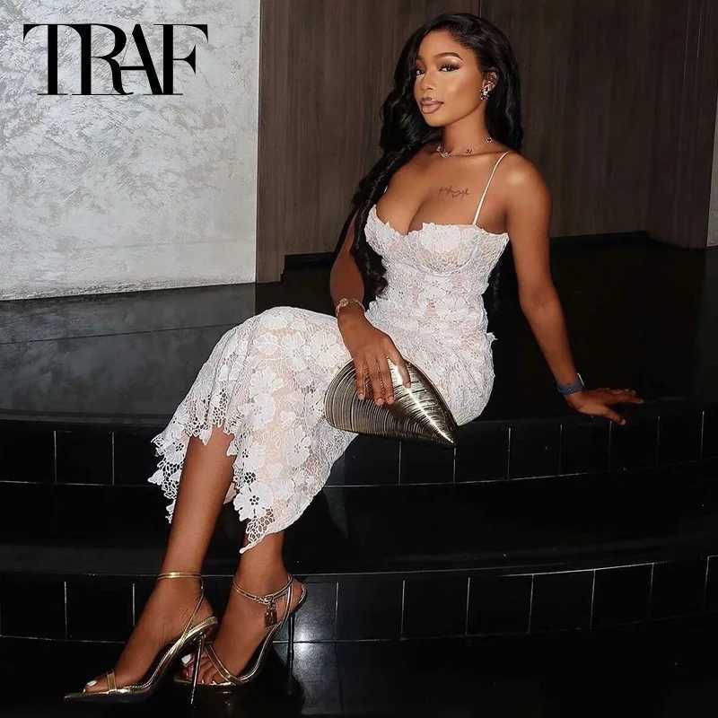 TRAF Womens Dress Lace Slippery Vestidos Womens Dress White Long Sleeve Strapless Dress Midi Backless Holiday Dress W250430