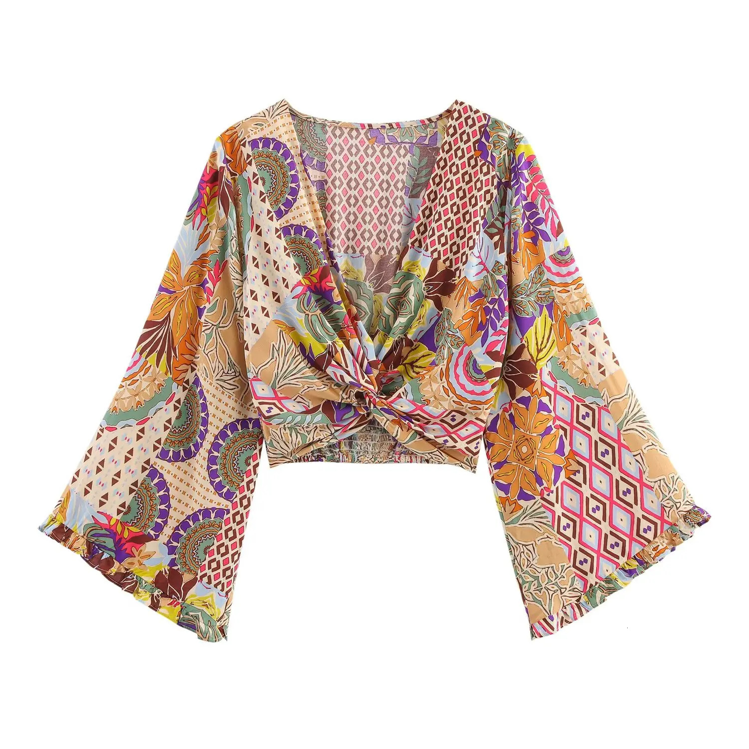 womens clothing set for featuring a brushed waist and Vbow tie with crop top Bohemian print on the front suitable daily wear 250530