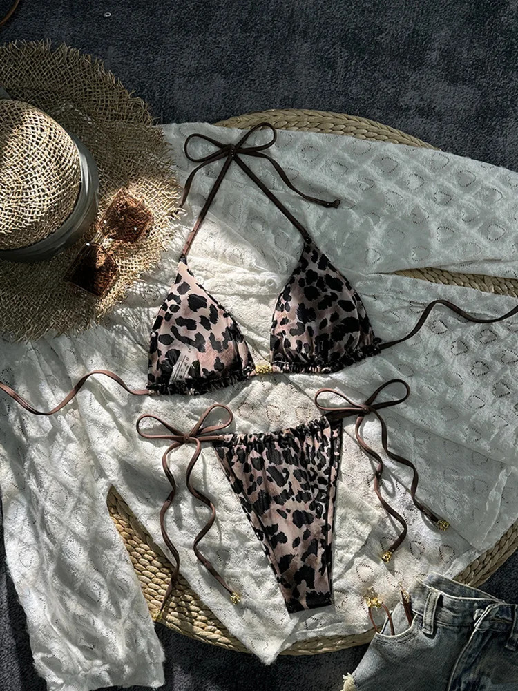 2025 Summer Swimwear Bikinis Set Sexy Laced Up Backless Leopard Bikini 2 Piece Set Women Split Waist Beach Vacation Bikini 250428
