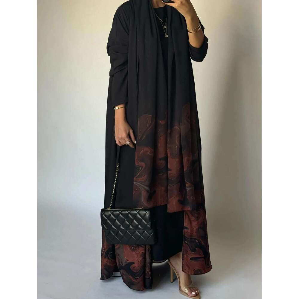 Middle Eastern Loose Open Front Abaya Muslim Full Sleeve Printed Abayas Turkey Kaftans Women Jilbabs Islamic Maxi Dresses