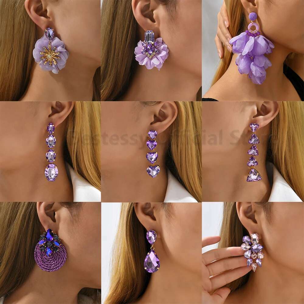 Purple Collection Fashion Crystal Drop Dangle Earrings For Women Designer Trendy Heart Petals Round Pendant Party Jewelry