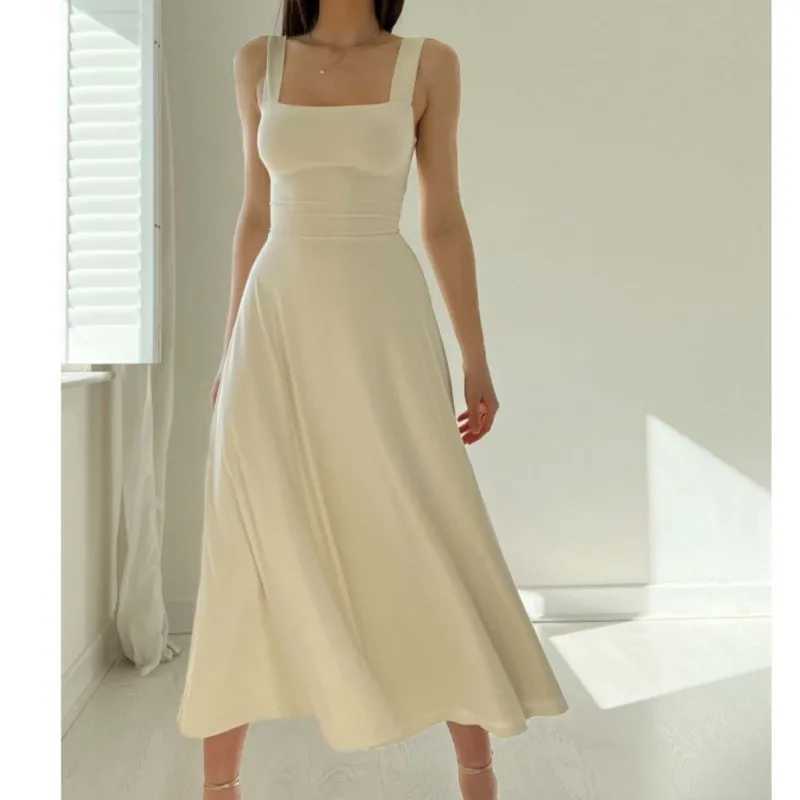 2025 Womens Summer Dress Square Collar New Thick Shoulder Strap Ultra Thin Waist Dress Pure Elegant Womens Tank Top W250430