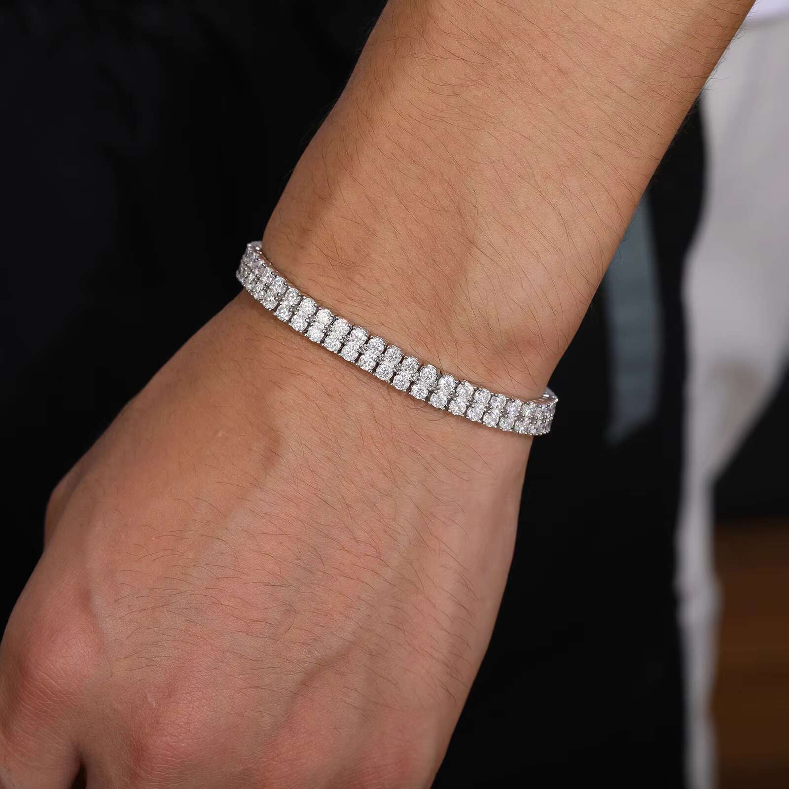 Luxury Hip Hop Jewelry 6mm Iced Out 2 Rows Vvs D Color Moissanite Bracelet 925 Silver Men Moissanite Tennis Bracelet