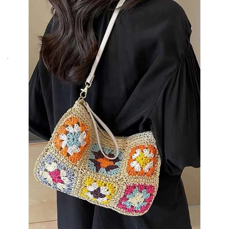 Summer Handmade Hook Retro Flower Crossbody Women S Single Shoulder Paper Rope Crochet Bag Flip Ethnic Style Handbag Bag