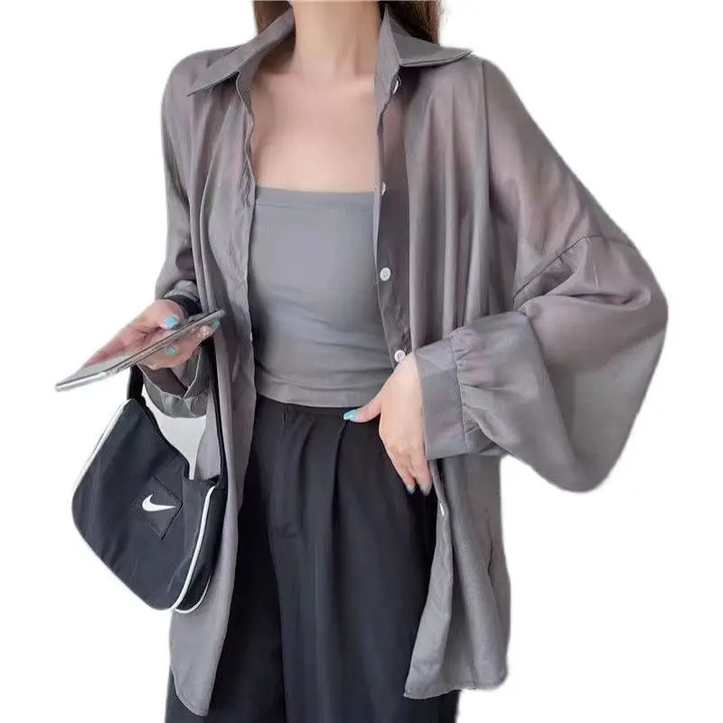 Korean style long sleeved thin sun protection womens summer chiffon shirt jacket air conditioning white top 250422