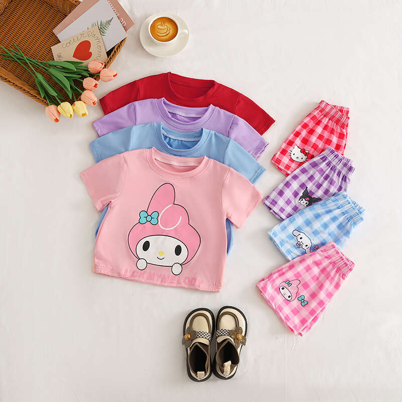 Summer Outfit New 2025 Girls' Casual Cartoon Baby Cute Loose Shirt Plaid Shorts Set