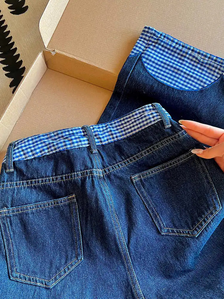 Oversized plain weave spliced jeans for womens spring high waisted loose and chic bow denim pants fashionable niche womens wide leg pants 250423