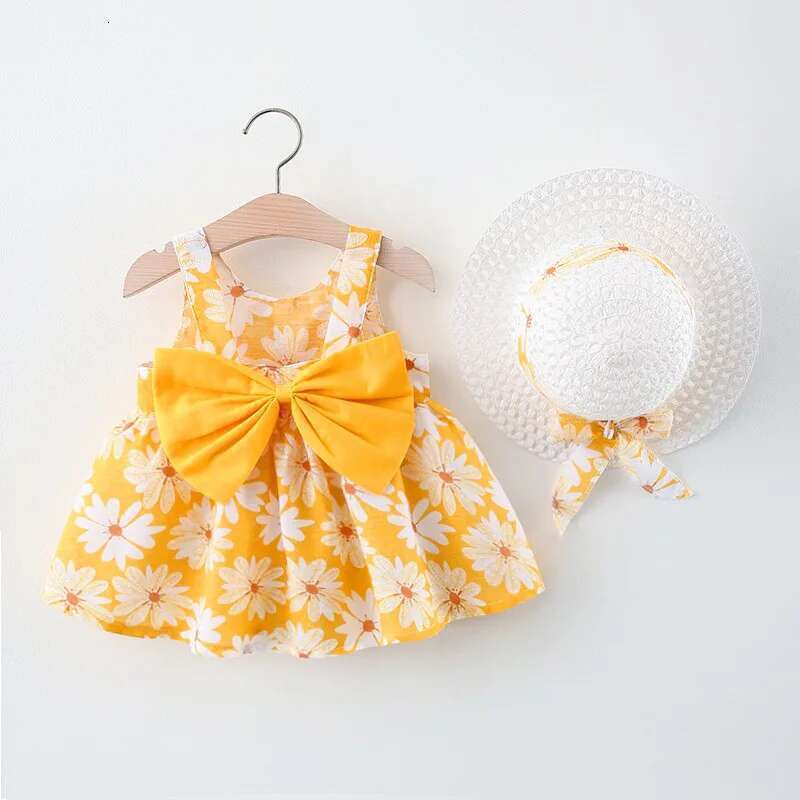 Summer 2/Piece Set Of Baby Girl Hat Girl's Big Bow Casual Cotton Print Cute Round Neck Sleeveless Dress