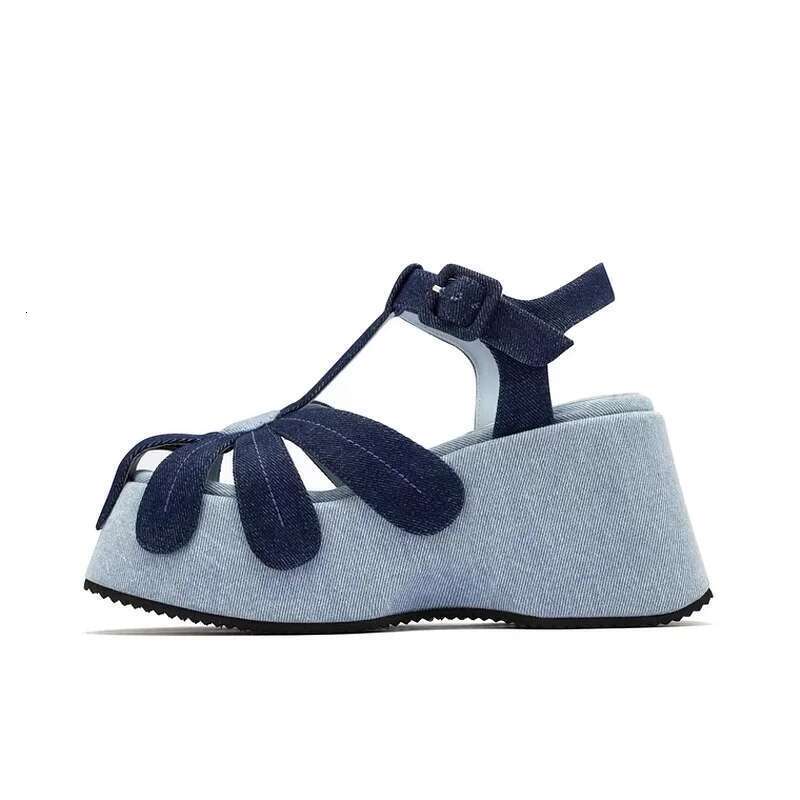 Hollow Flower Denim Mixed Colors Black Simple Commuter Sandals Roman Women Thick Platform Shoes
