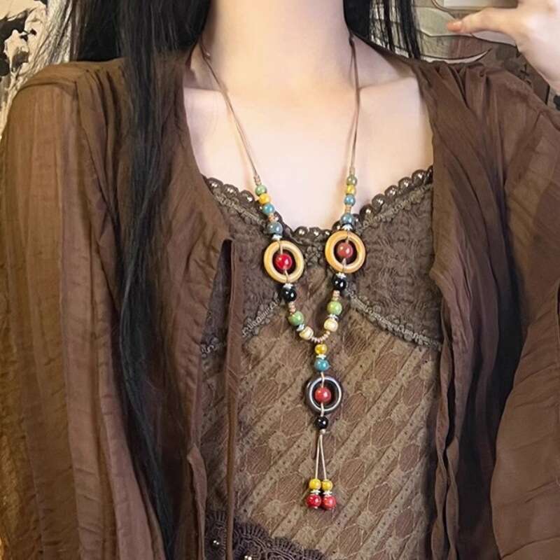 Bohemian Style Ceramic Necklace, Women's New Chinese Exotic Ethnic Style, High-End Sense, Long Sweater Chain Accessories