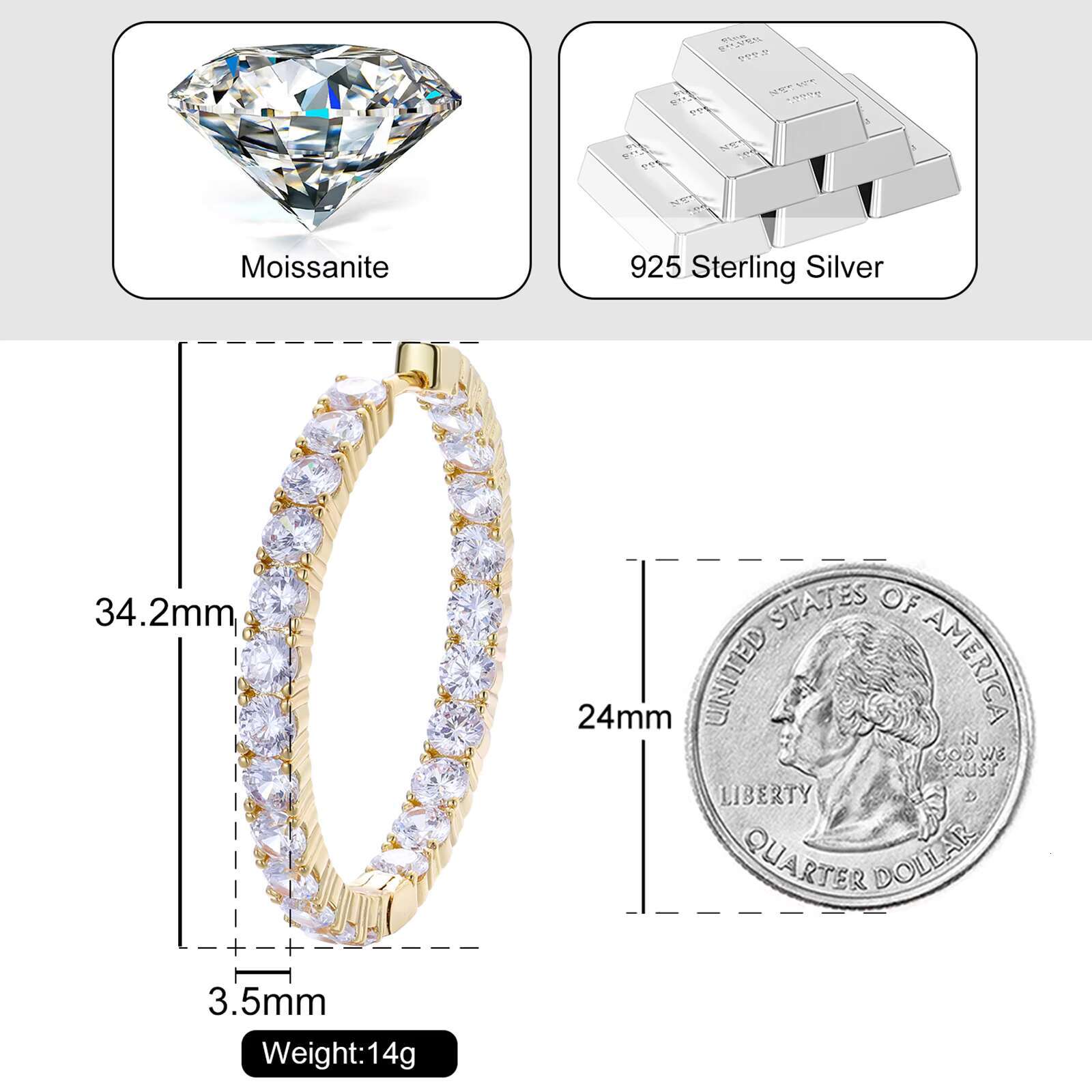Fashion Party Jewelry White Gold Plated 925 Sterling Silver 3.5mm VVS Moissanite Diamond Big Hoop Earrings for Women