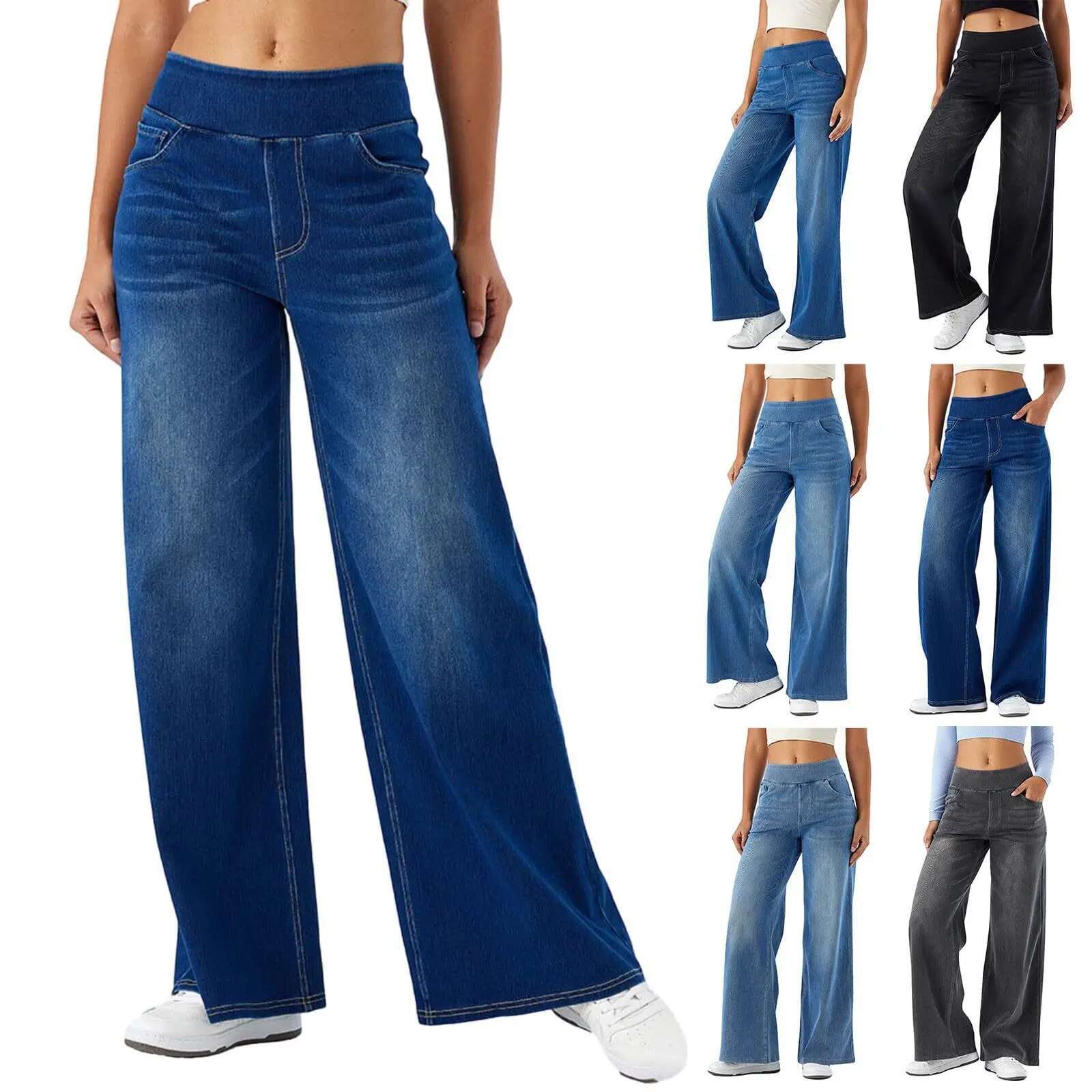 Women Denim Pant Wide Leg Long Pants Y2k Streetwear Elastic Waist Straight Trousers Elegant Mom Jeans Temperament Casual