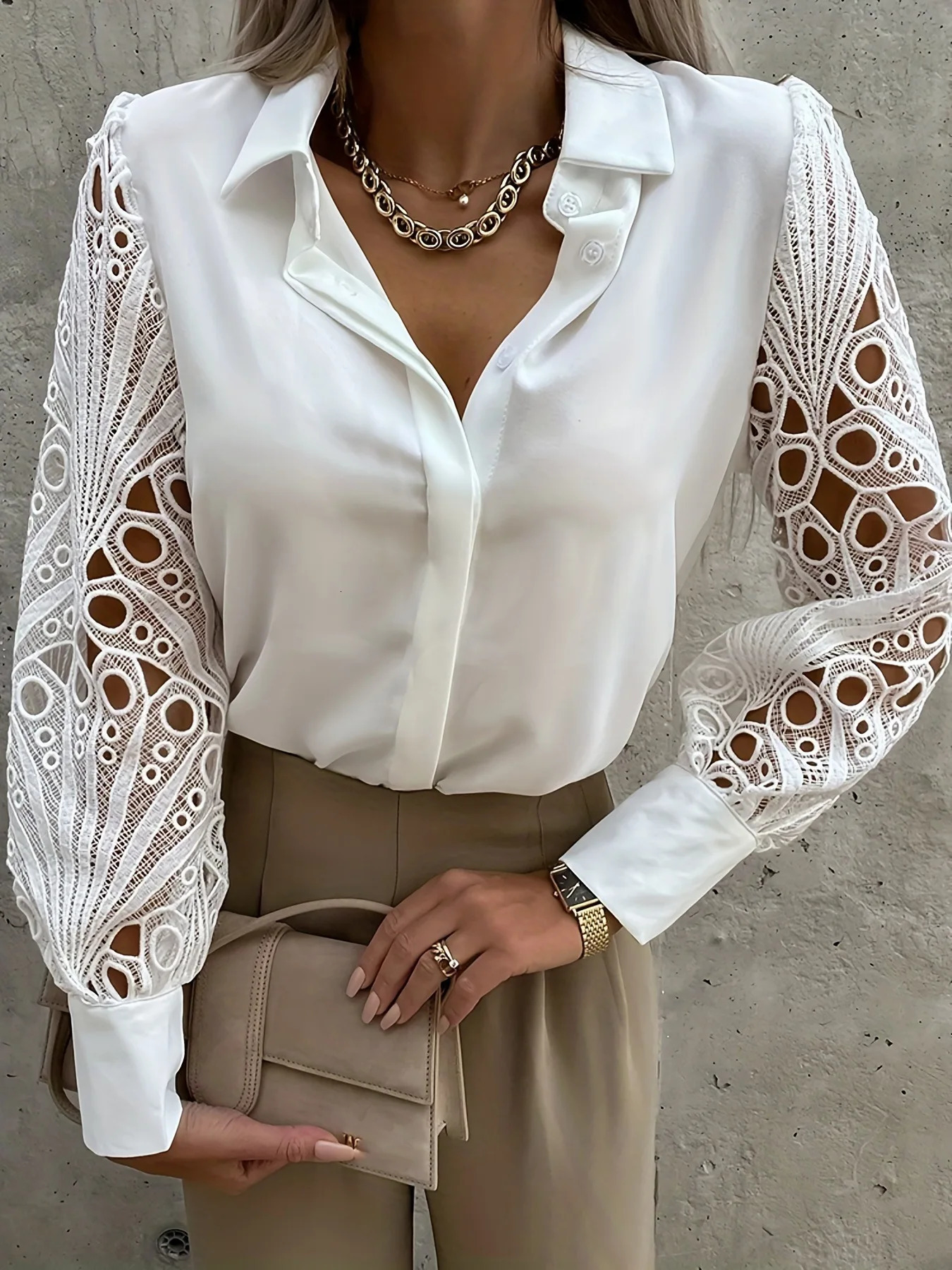 2025 SpringSummer Womens Elegant Solid Chiffon Shirt Casual Long Sleeve Vneck Loose Office Tuned Top 250422