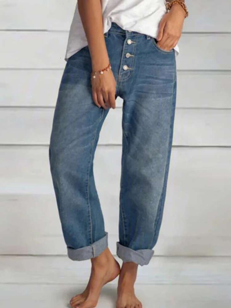 Jeans Straight Pants Women Denim Spliced Button Loose Pockets High Waist Wash Ankle Length fashion Vintage Distressed Basics