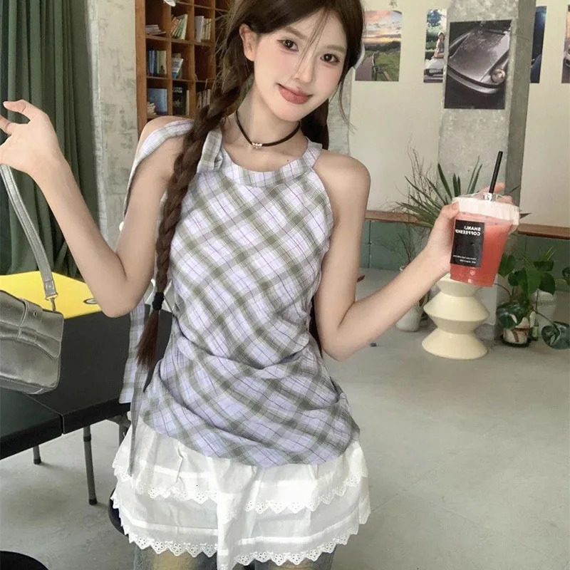 Fashion Two piece Long Vest Womens Sweet and Cute Ruffle Patch Work Top Womens Retro Plain Strapless Vest Summer 250427
