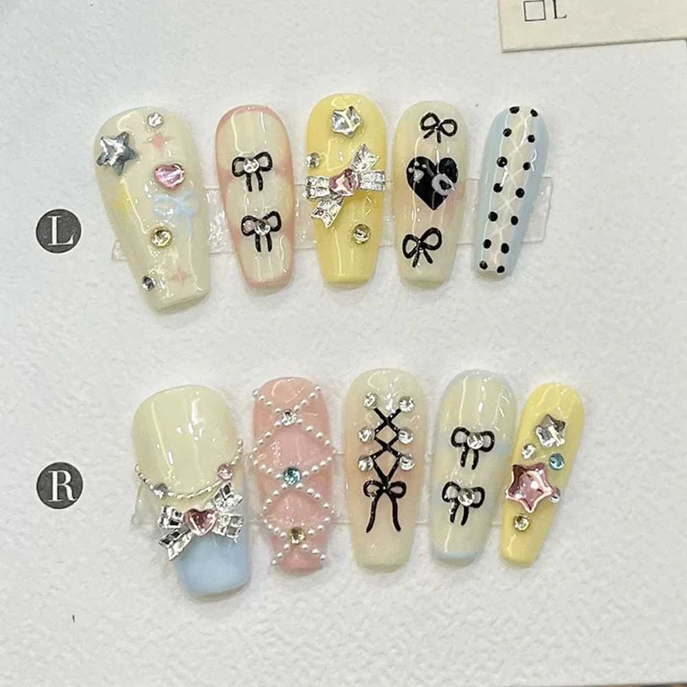 10 Swt Cool Long Coffin Almond Handheld Wearable Nails 3D Flower Snake Silver Mirror Powder Bow Party Nail Stickers H25429