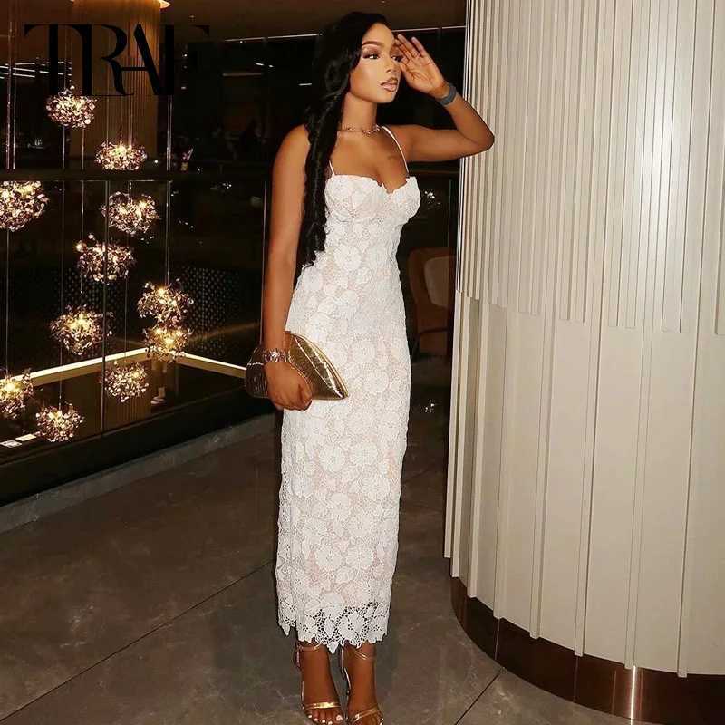TRAF Womens Dress Lace Slippery Vestidos Womens Dress White Long Sleeve Strapless Dress Midi Backless Holiday Dress W250430