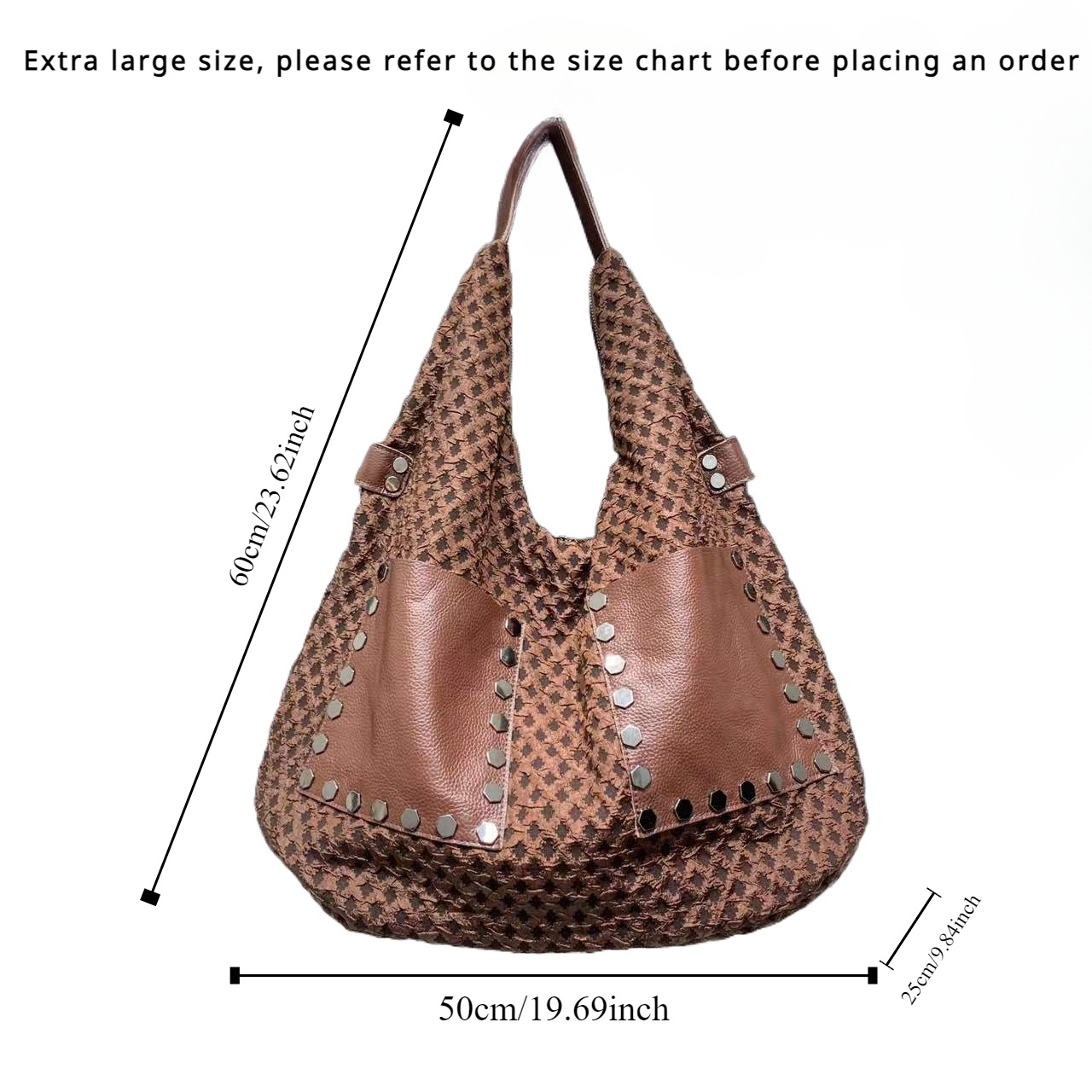 Ladies' Korean style personalized mesh large bag with large capacity rivet cowhide splicing trend shoulder bag