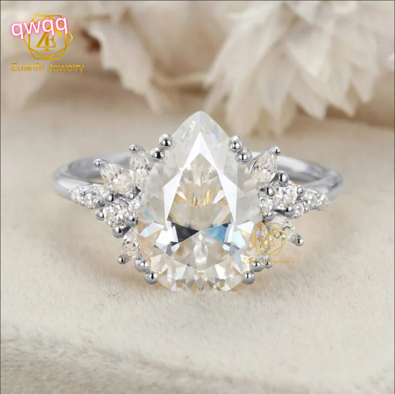 Zuanfo Moissanite Bridal Wedding Jewelry 3ct S925 Sterling Silver VVS D Pear Moissanite Diamond Engagement Ring