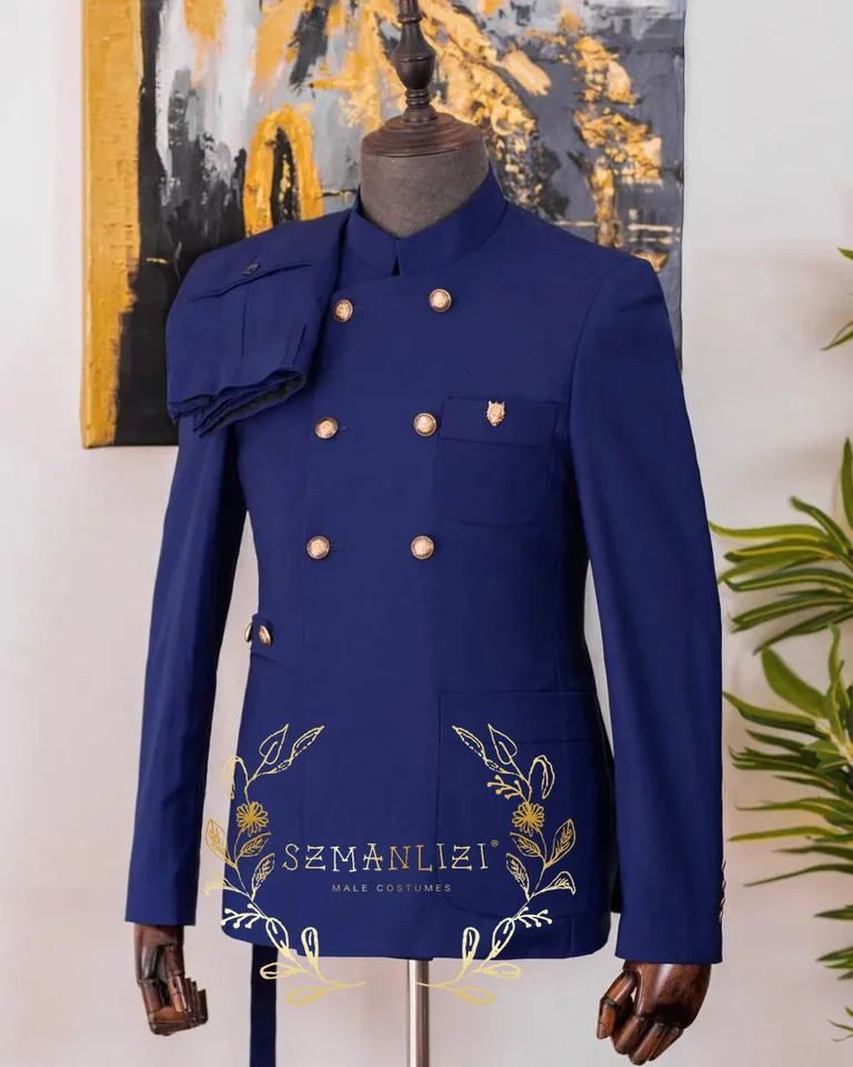 Formal mens 2piece jacket pants full set double chest frame collar blue custom clothing 250428