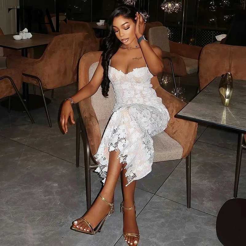 TRAF Womens Dress Lace Slippery Vestidos Womens Dress White Long Sleeve Strapless Dress Midi Backless Holiday Dress W250430