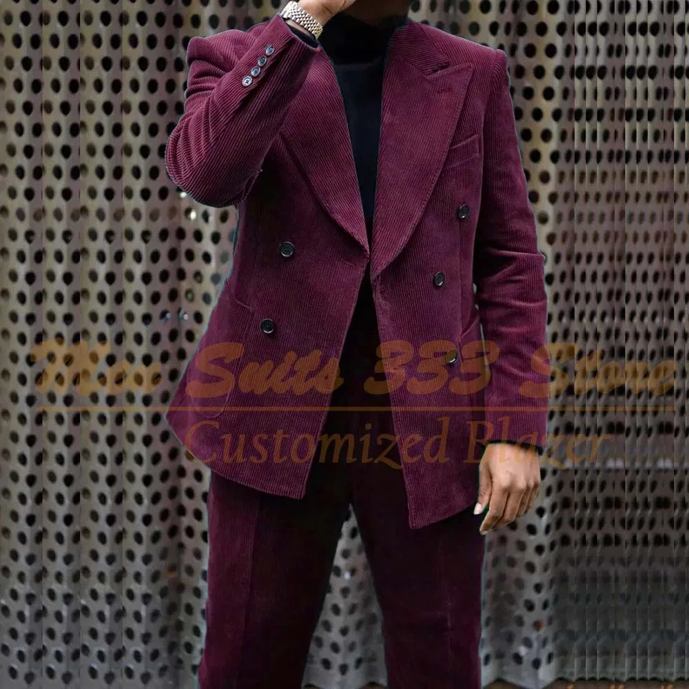 y Corduroy Mens Set 2piece Jacket Formal Double Chest Flat Top Collar Elegant Ball Party Full Wear 250428