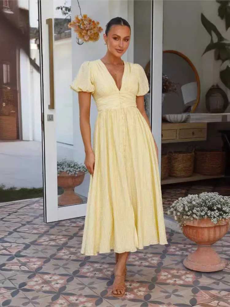 Summer New Fashion Womens Solid V-neck Puff Sleeve Button Office Party Dress Casual Elegant Womens Club Dress Vestidos W250430