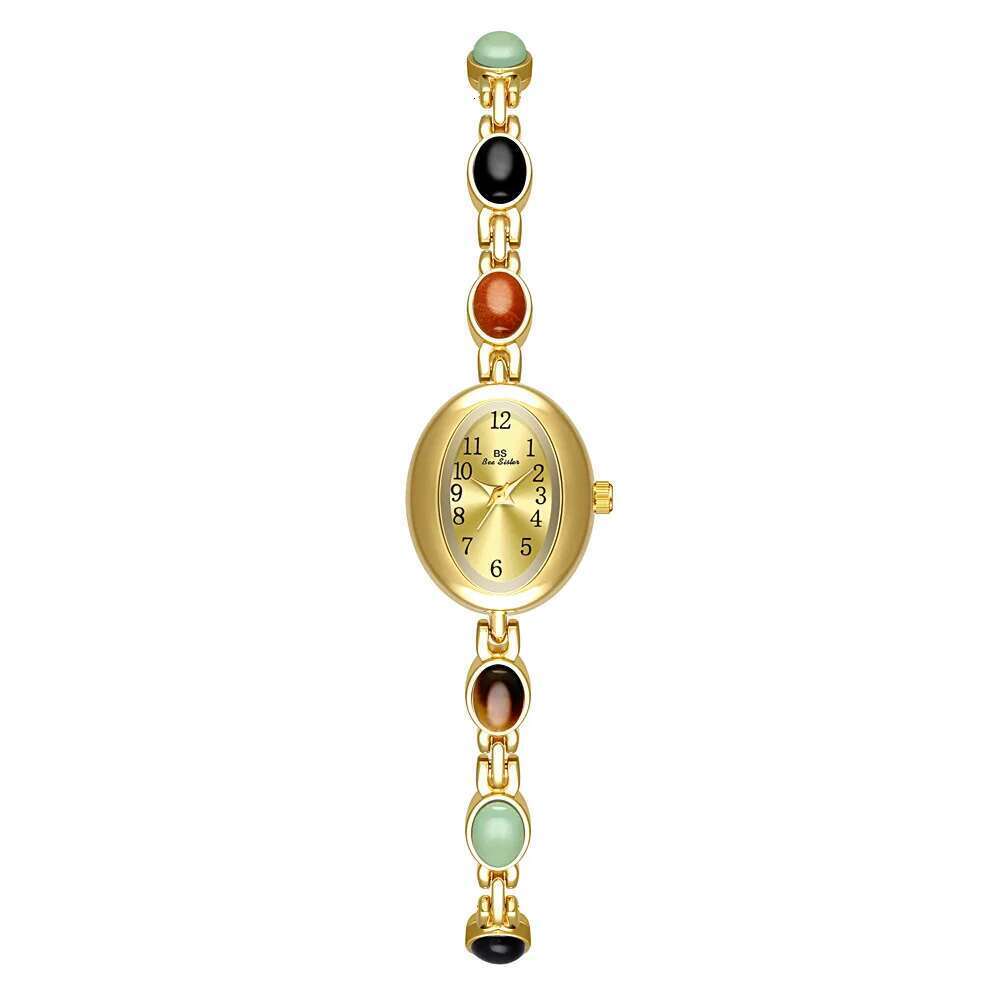 Women's Watch Vintage Natural Colorful Jade Bracelet Wristwatches Clock, Elegant Small Oval Dial Quartz Watch Waterproof