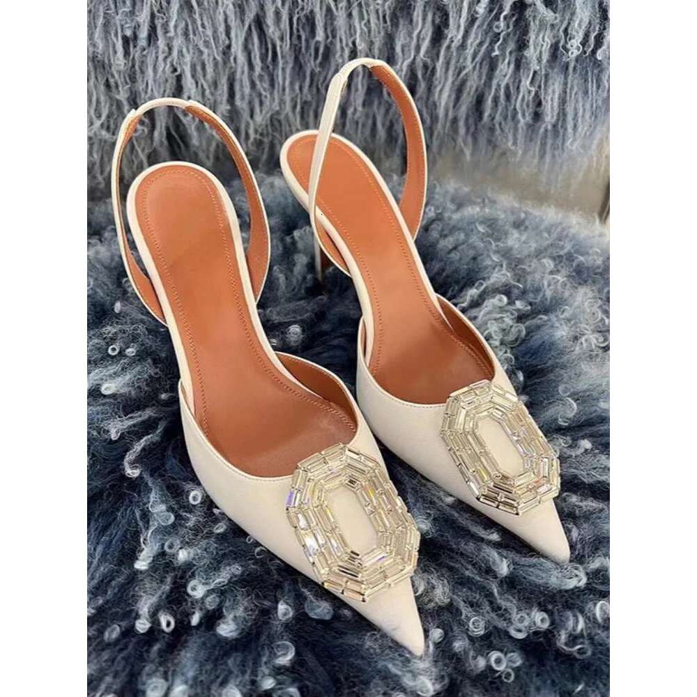 New Fashion Party Shoes Oval Crystal Pointed Back Strap Pumps Female Women Sexy Solid Slingback Shallow Elegant Sandals