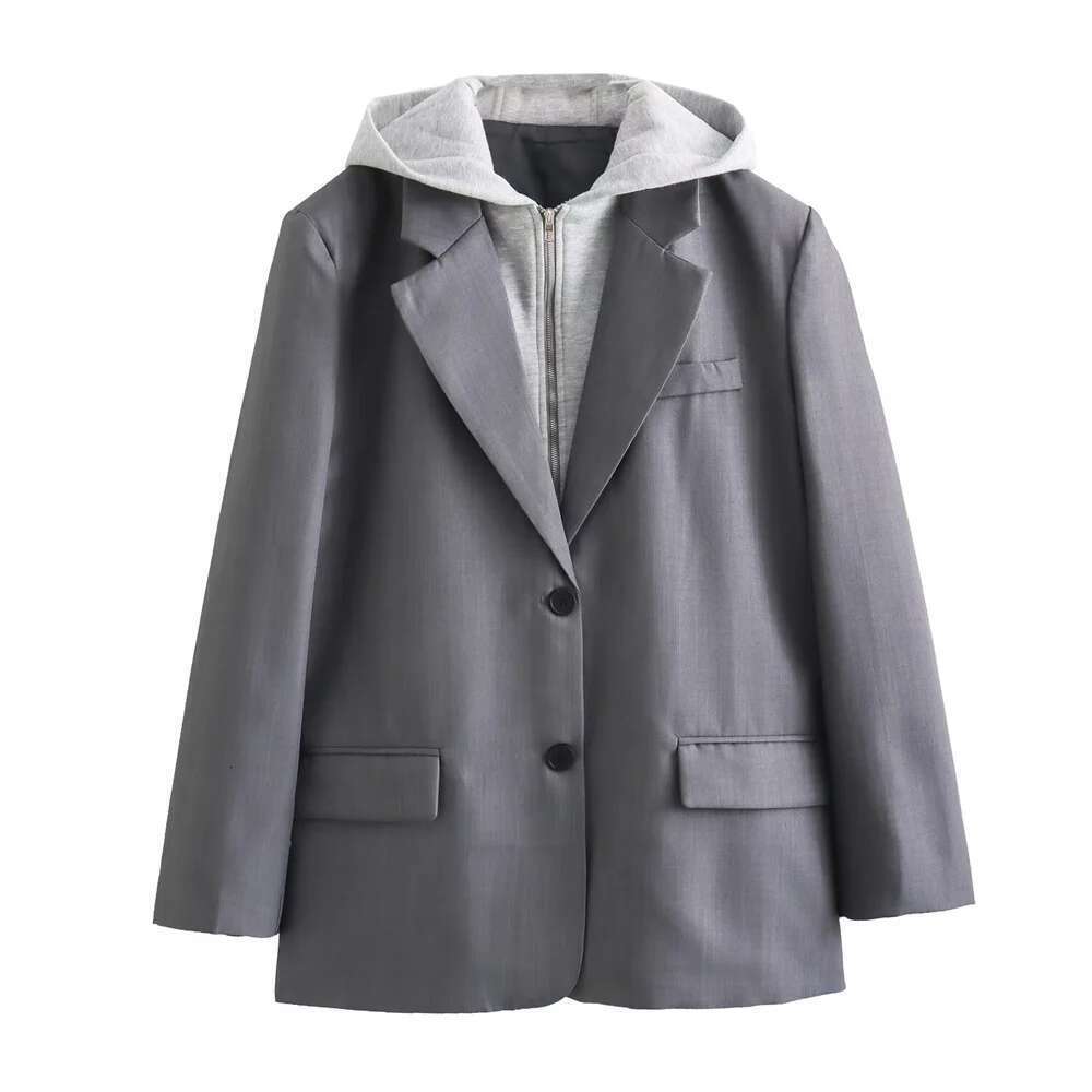 UNIZERA women's fake two-piece hooded casual lapel, loose fit jacket, spliced suit, spring autumn winter, new style
