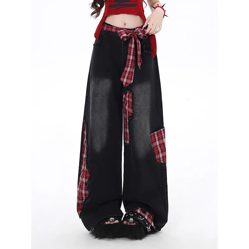 Female Trendy Jeans Grunge Japanese Harajuku Y2K Bagged Denim Pants Netpunk Hip pop 2000s Aesthetic Plain Patchwork Trouser Tomboy 250423