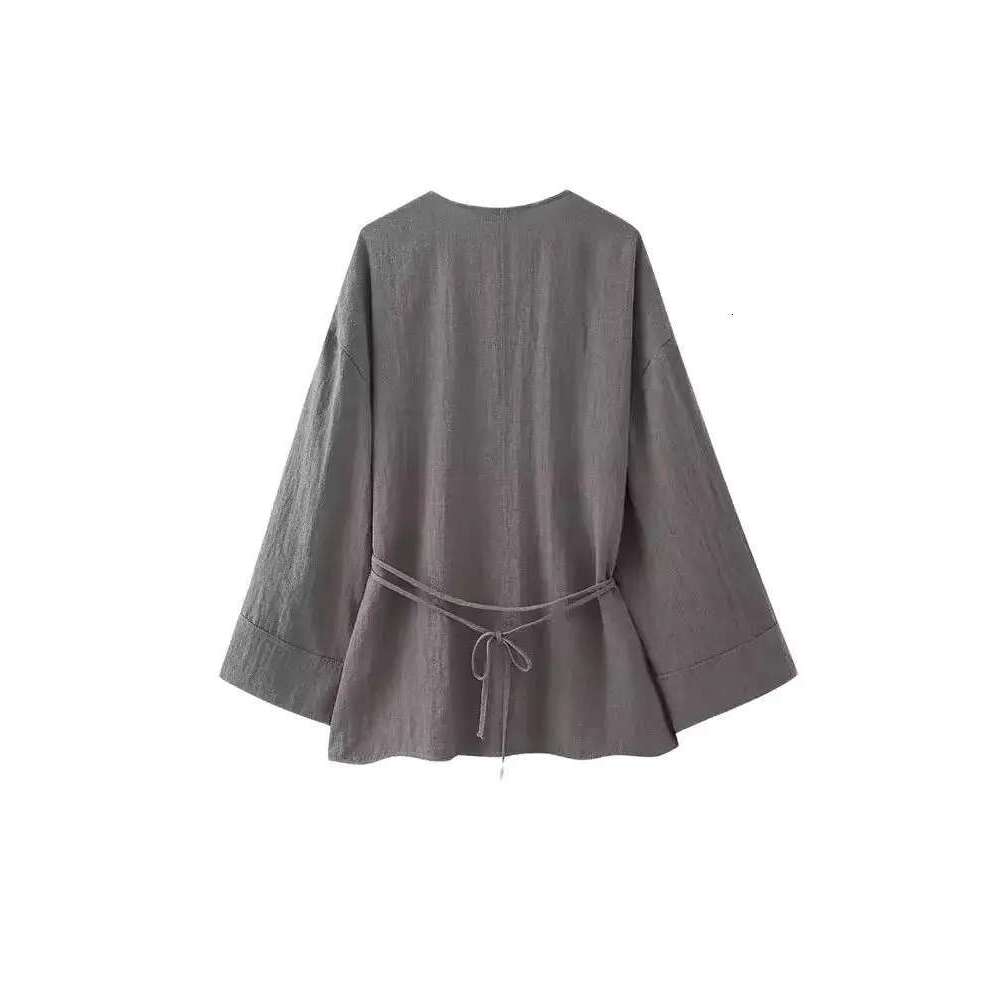 Trza-Women's Textured Crossover Kimono Blouses, Side Ties, Long Sleeves, Loose, Female Shirts, Chic Tops, Fashion