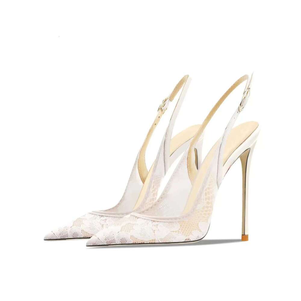 Spring and summer new pointed toe shallow lace mesh wedding shoes thin high heel banquet dress large size women's sandals