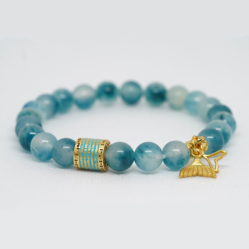 Five Line Mantra Energy Bracelet with Mermaid Pendant | Enamel-Coated Copper & Aqua Chalcedony Stone | Spiritual Jewelry for Courage & Beauty