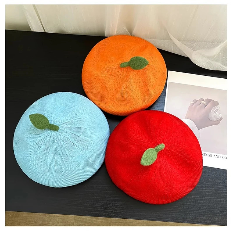 Japanese Cute Orange Shape Breathable Mesh Beret Womens Summer Fashion Edition Sweet Knitted Paint Hat Y2K 250430