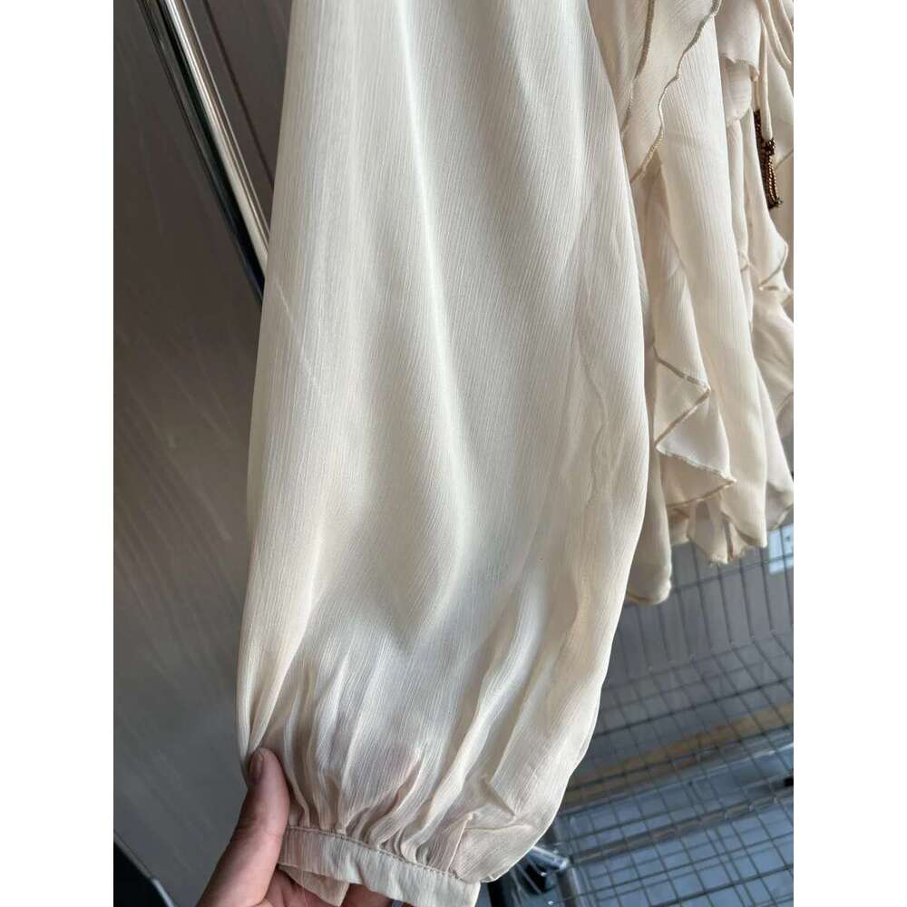 ETJ Spring 2025 New traf Women's Fashion Translucent fabric beaded rivets decorated V-neck lace ruffled romantic shirt