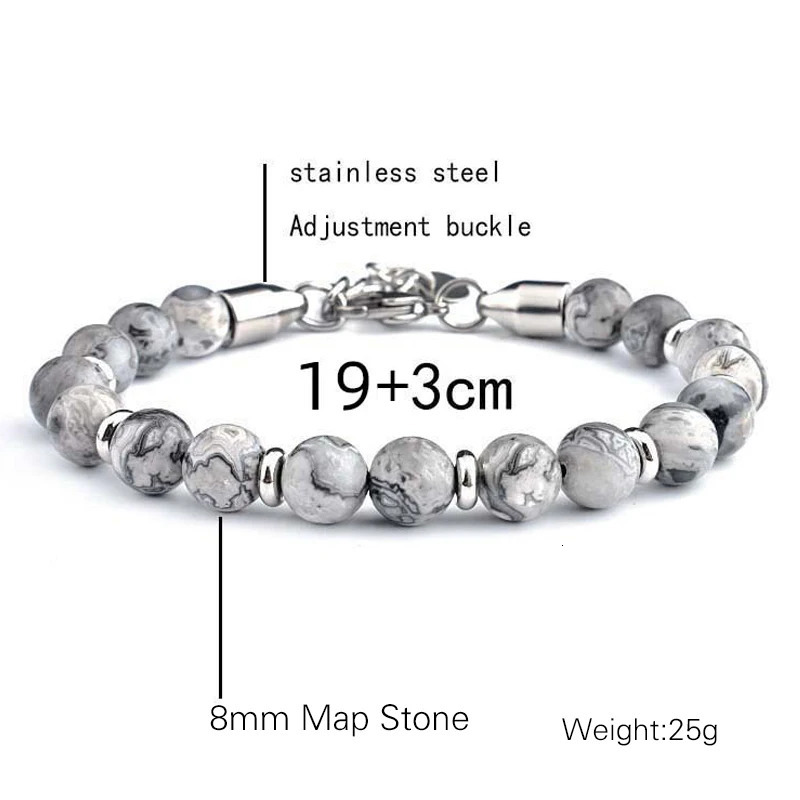 Stainless Steel Bracelet for Men 8mm Map Stone Tiger Eye Bracelet Handmade Natural Stone Beaded Bracelet Adjustable Jewelry Gift 250430